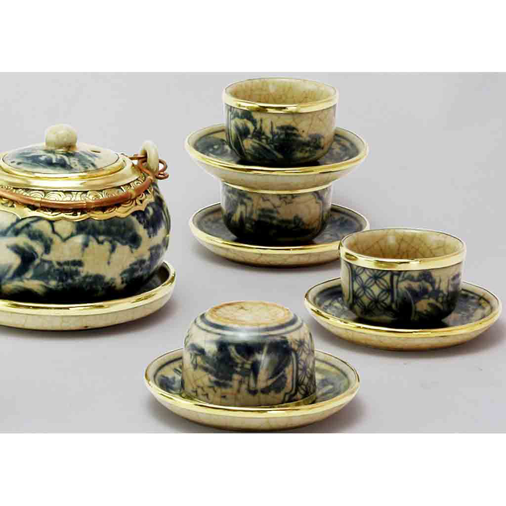 Bộ ấm chén uống trà men rạn bọc đồng dáng tròn gốm sứ Bát Tràng (bộ bình uống trà, bình trà)