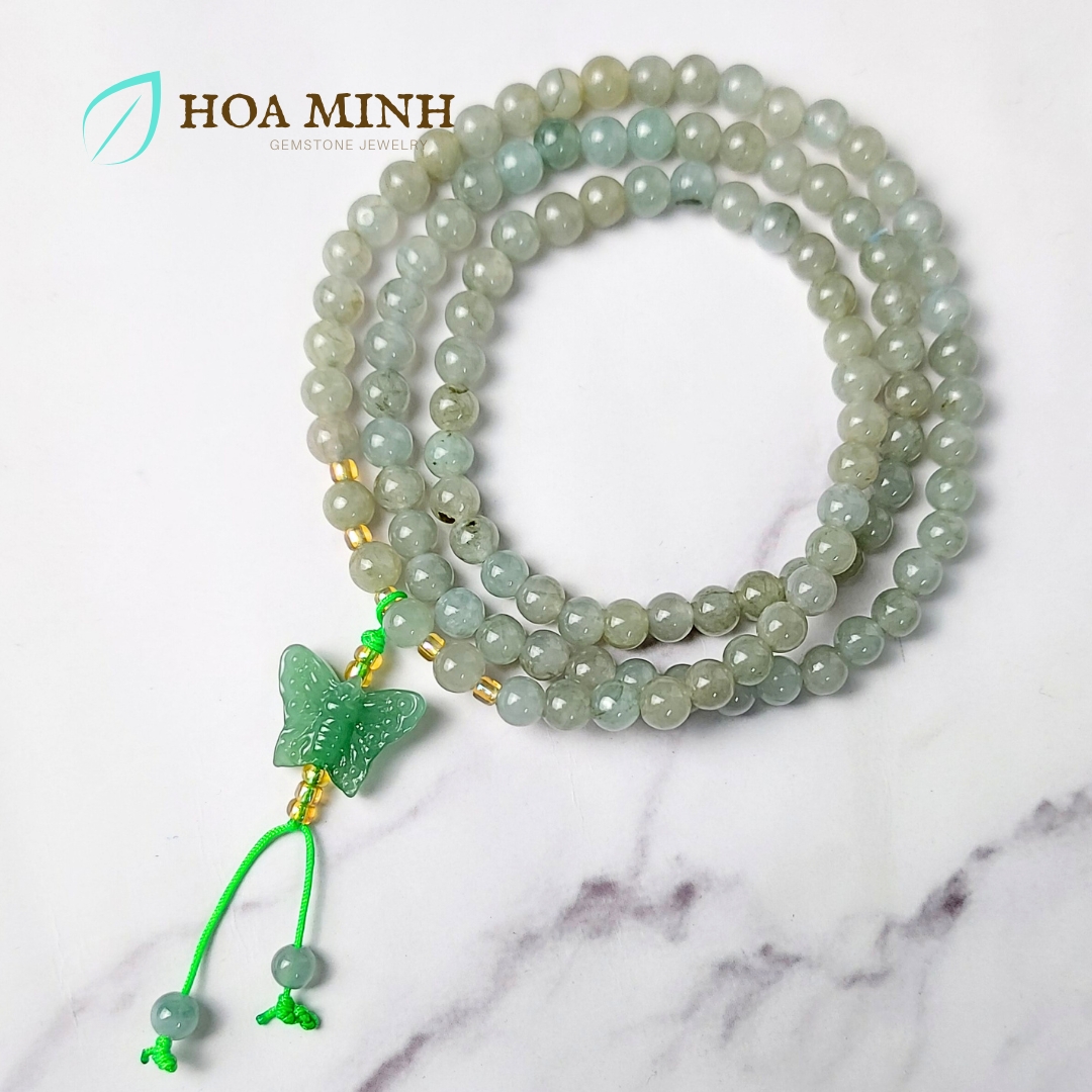 Vòng tay chuỗi 108 hạt Ngọc Cẩm Thạch Lam Dầu A size 5.3 li phối charm đá thạch anh aventurine mỹ miều tuyệt đẹp