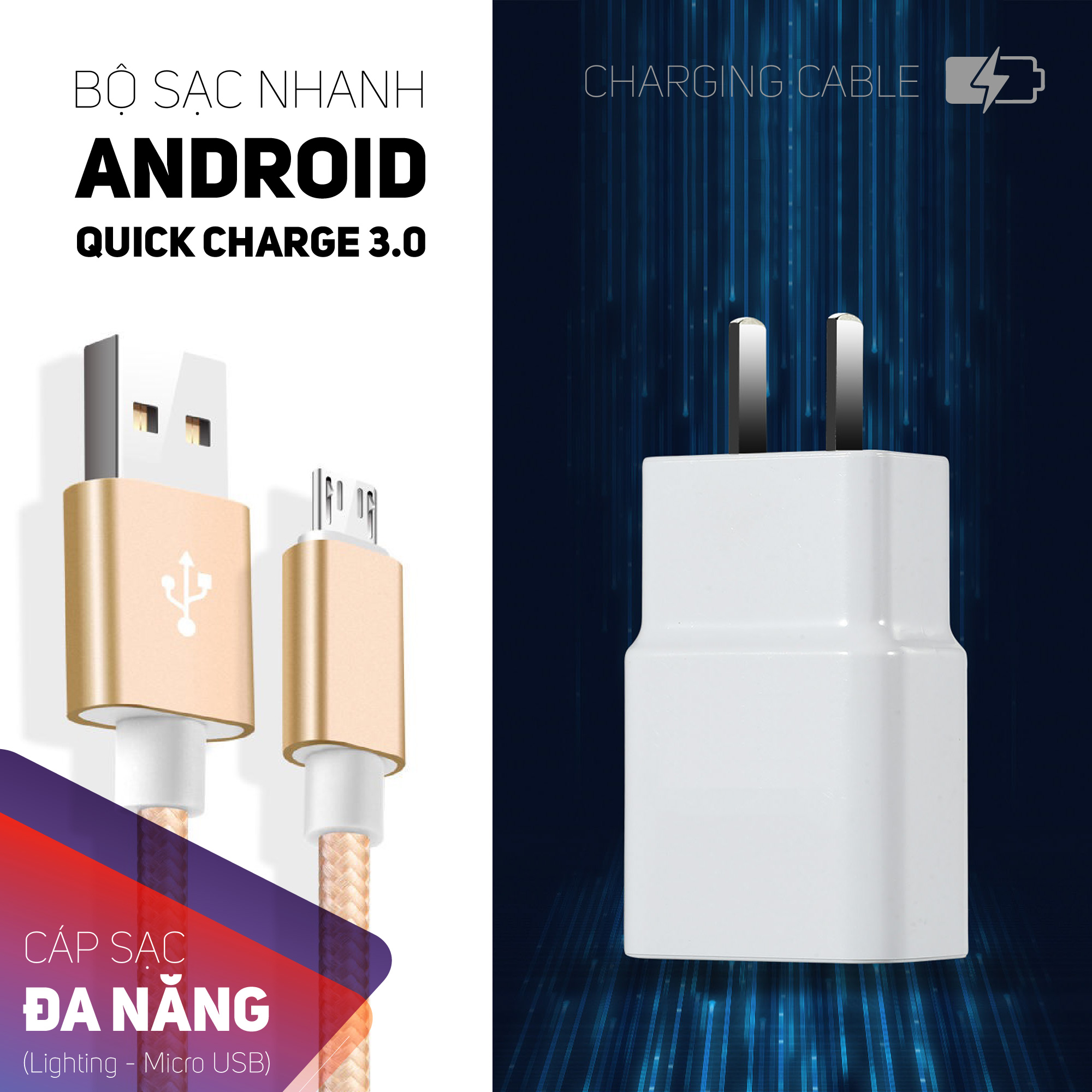 Bộ cáp sạc Mirco USB kèm theo củ sạc Quick charge 3.0,dây cáp sạc android bọc vải chắc chắn chọn màu ngẫu nhiên,củ sạc và cáp sạc nhanh tiện lợi có thể sạc hầu hết các dòng điện thoại trên thị trường