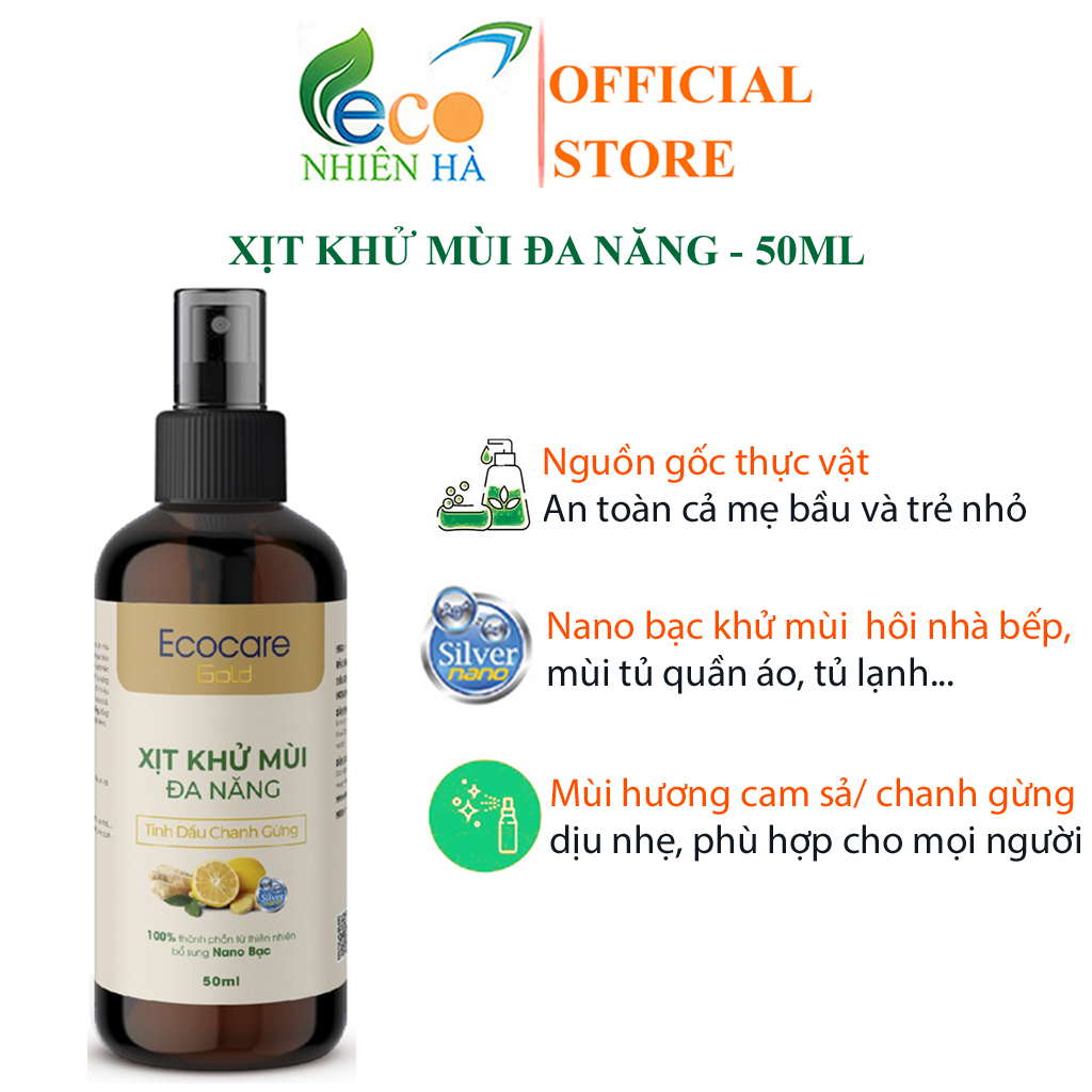 Xịt khử mùi đa năng ECOCARE 50ml tinh dầu thiên nhiên Nano bạc, khử mùi nhà bếp tủ quần áo