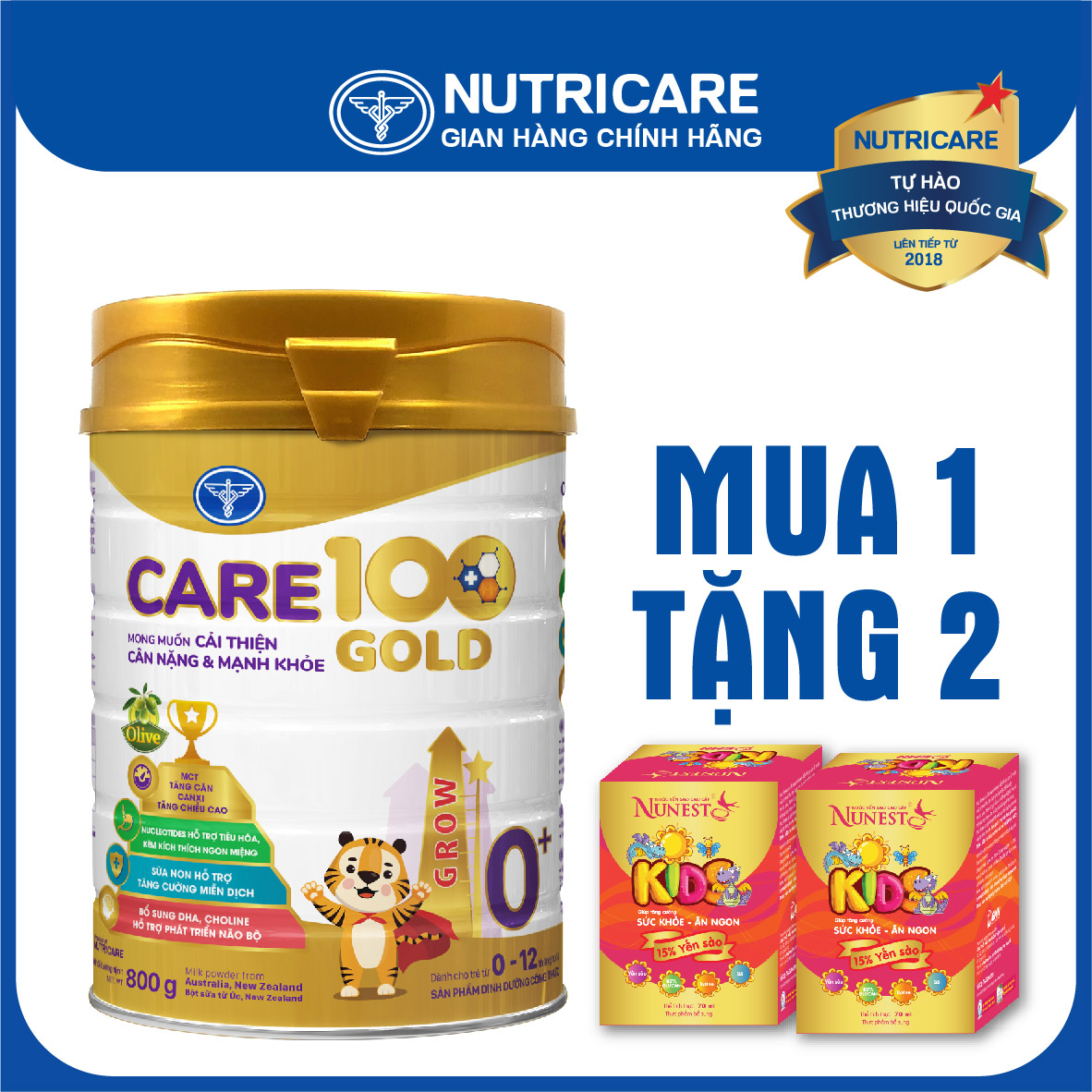 [Tặng 2 lọ yến] Sữa bột Nutricare CARE 100 GOLD 0+ cho trẻ thấp còi 800g