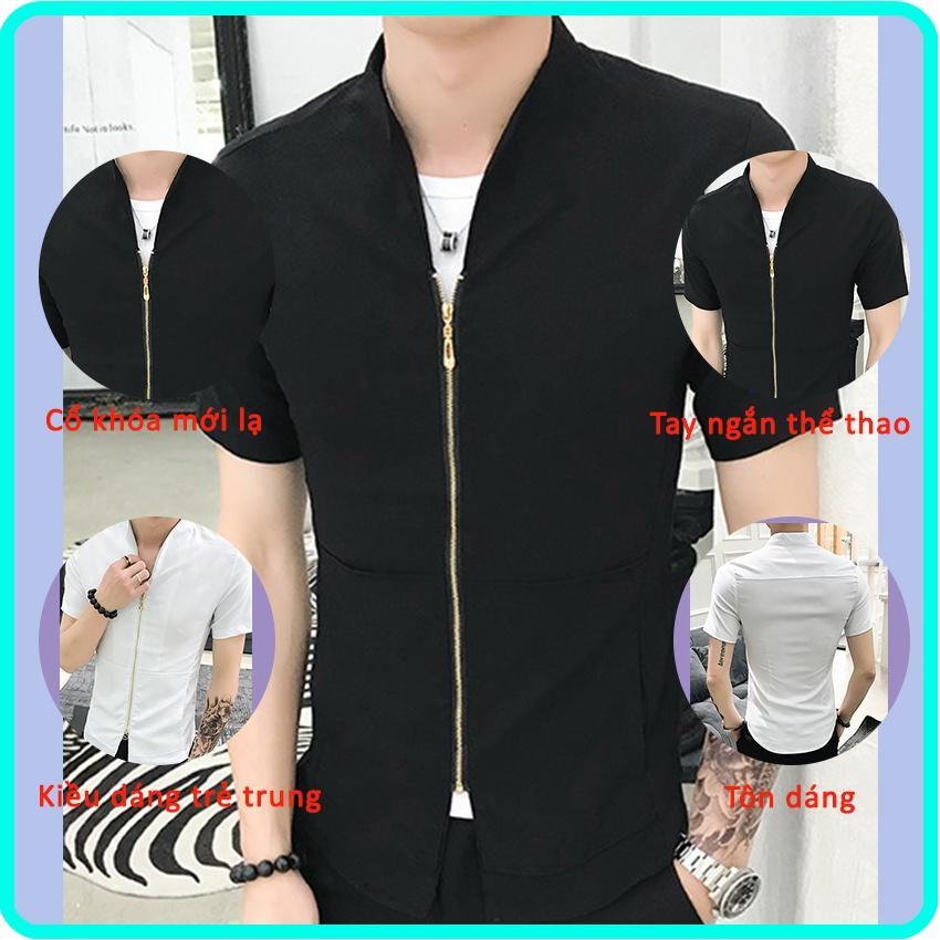 Áo sơ mi, Áo sơ mi nam cộc tay cổ phối khóa độc lạ, trẻ trung, phong cách chất vải mềm mát MÃ- N19
