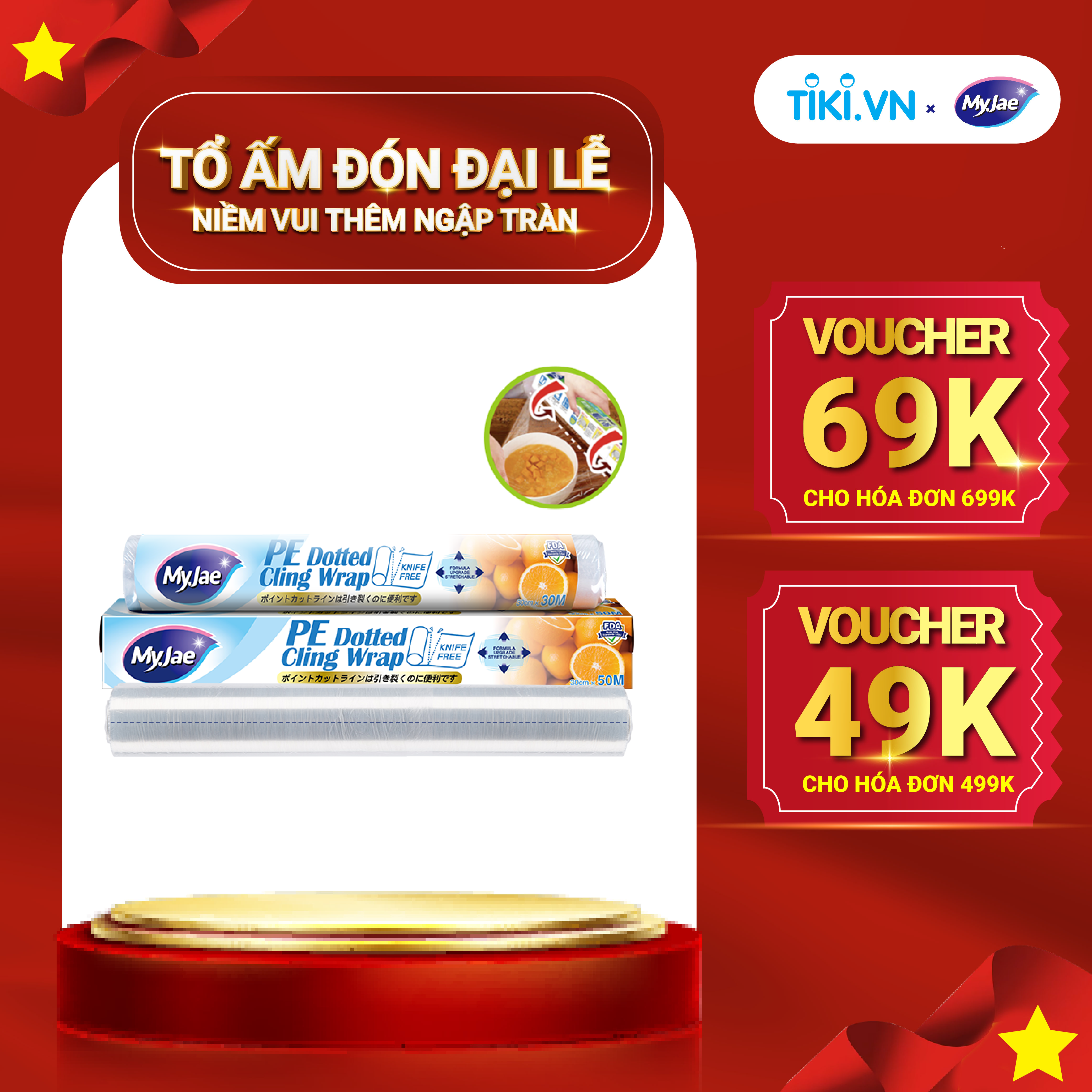 Màng bọc thực phẩm PE MyJae Đài Loan 30cmx50m dạng xé chấm đứt bảo quản thực phẩm an toàn tiện lợi