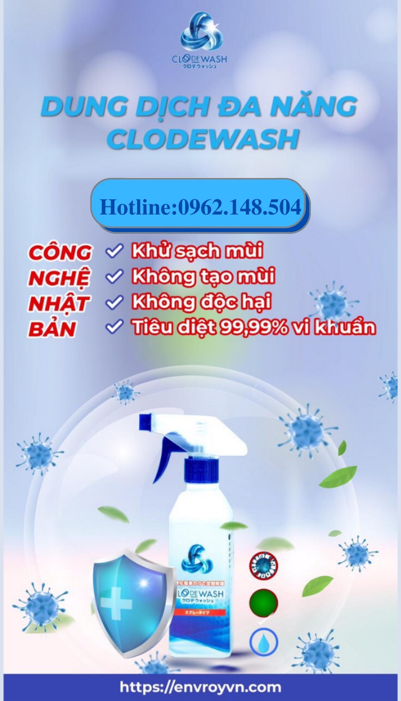 Chai xịt khử mùi thuốc lá, mùi hôi, mùi ẩm mốc, mùi thức ăn...công nghệ Nhật Bản CLODEWASH 300ml