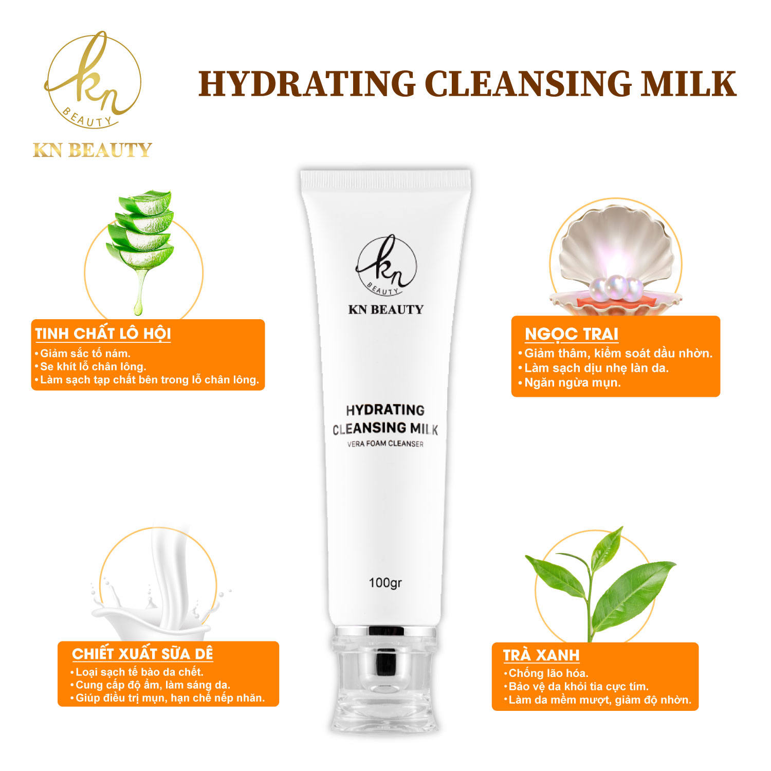 Sữa Rửa Mặt Trắng Da Ngừa Mụn KN Beauty - Hydrating Cleansing Milk 30gr