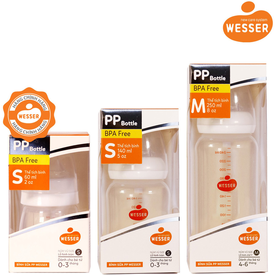 Combo 3 Bình Sữa PP Wesser 60ml, 140ml và 250ml