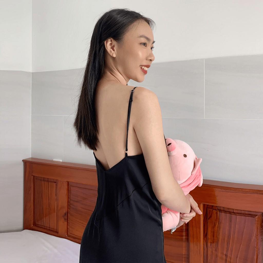 Set Đầm Váy Ngủ Sleepwear Basique Robe 2 Dây Cổ Chữ V Hở Lưng Chất Lụa Trơn Cao Cấp Phong Cách Basic Thanh Lịch Nữ Tính