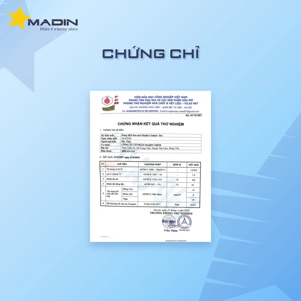 Nước làm mát ô tô, xe máy, động cơ Madin Coolant Lite 37,5%  Mono Ethylen Glycol