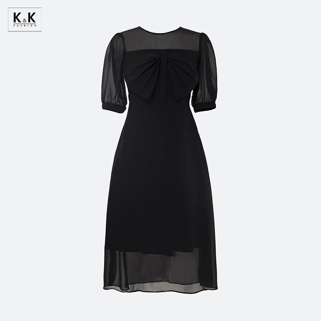 Đầm Đen Dáng Xòe Phối Nơ Ngực K&amp;K Fashion KK118-39 Chất Liệu Tằm Ý