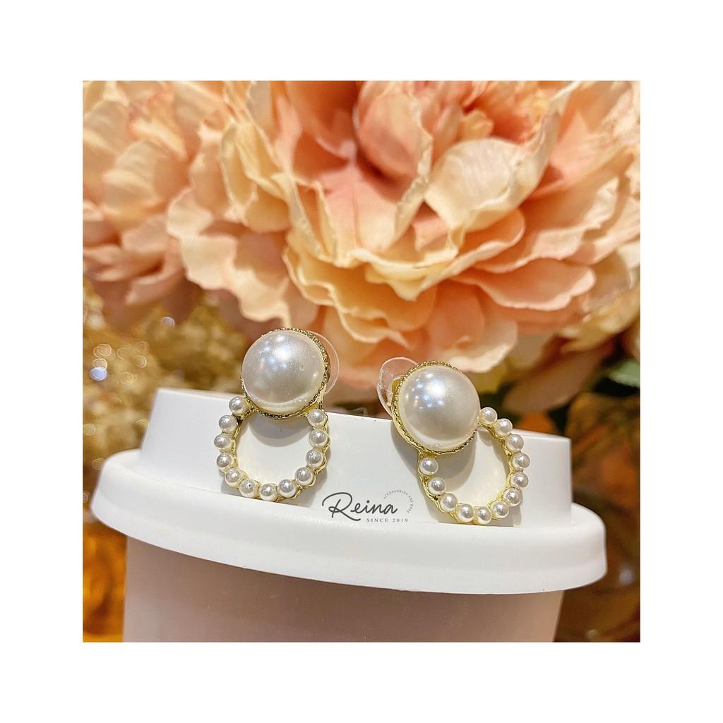 Khuyên tai nữ phong cách Retro Reina đính hạt trai cao cấp chanh sả quý phái
