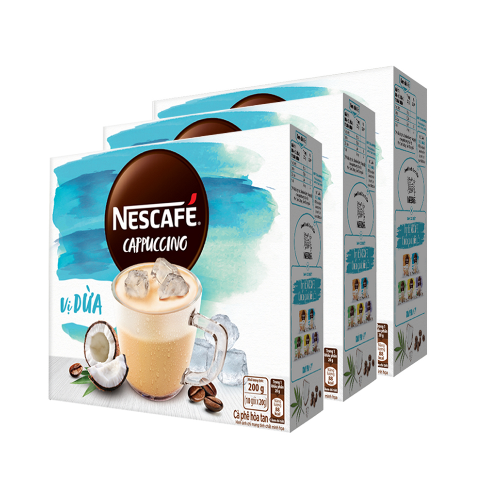 Combo 3 Hộp Cà Phê Hòa Tan Nescafé Cappuccino Vị Dừa (Hộp 10 Gói x 20g) - [Tặng Bộ 3 Thố Thuỷ Tinh Nescafé]