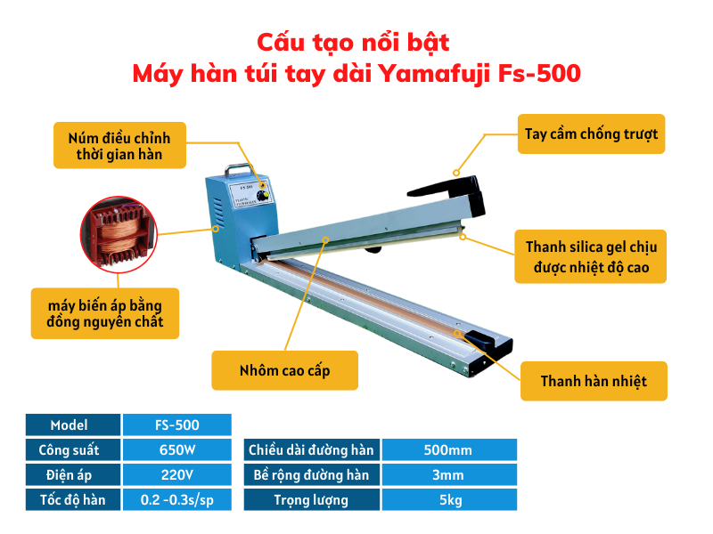 Máy hàn miệng túi tay dài Yamafuji FS-500 hàng chính hãng