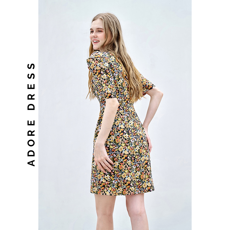 Đầm Mini dresses thô lụa đen hoa nhỡ nhún eo 311DR1006 ADORE DRESS