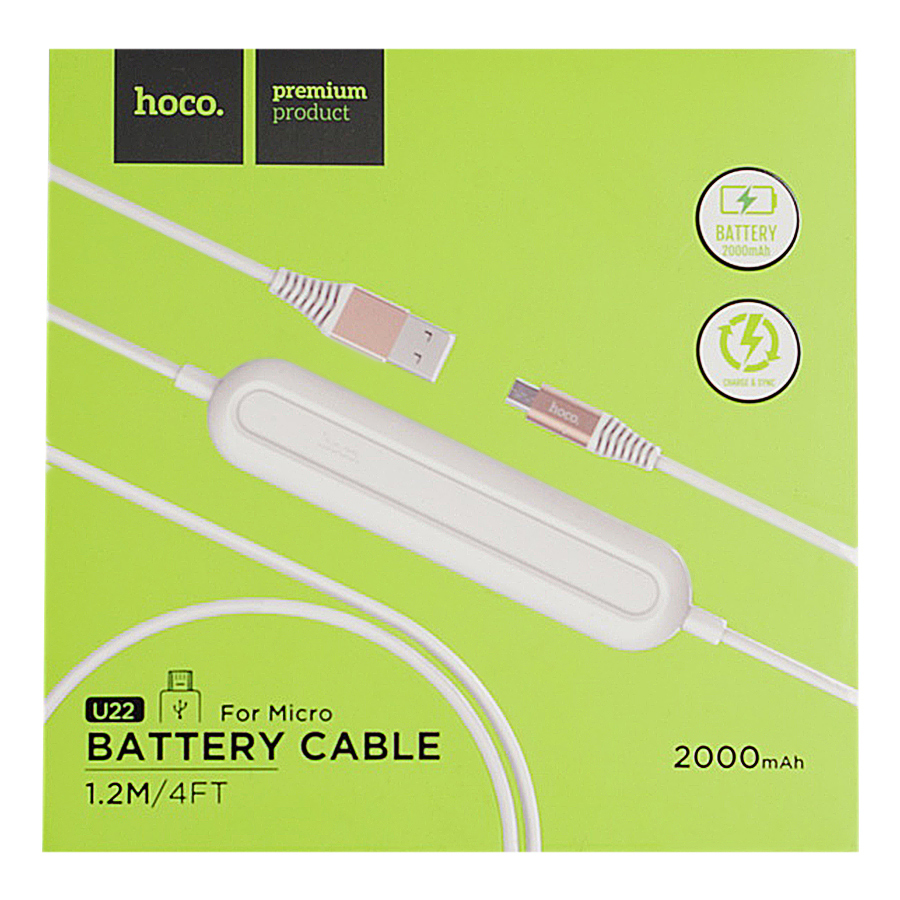 Cáp Sạc Kiêm Pin Sạc Dự Phòng Cổng Micro USB Hoco 2000mAh U22 120cm (Trắng) - Hàng Chính Hãng