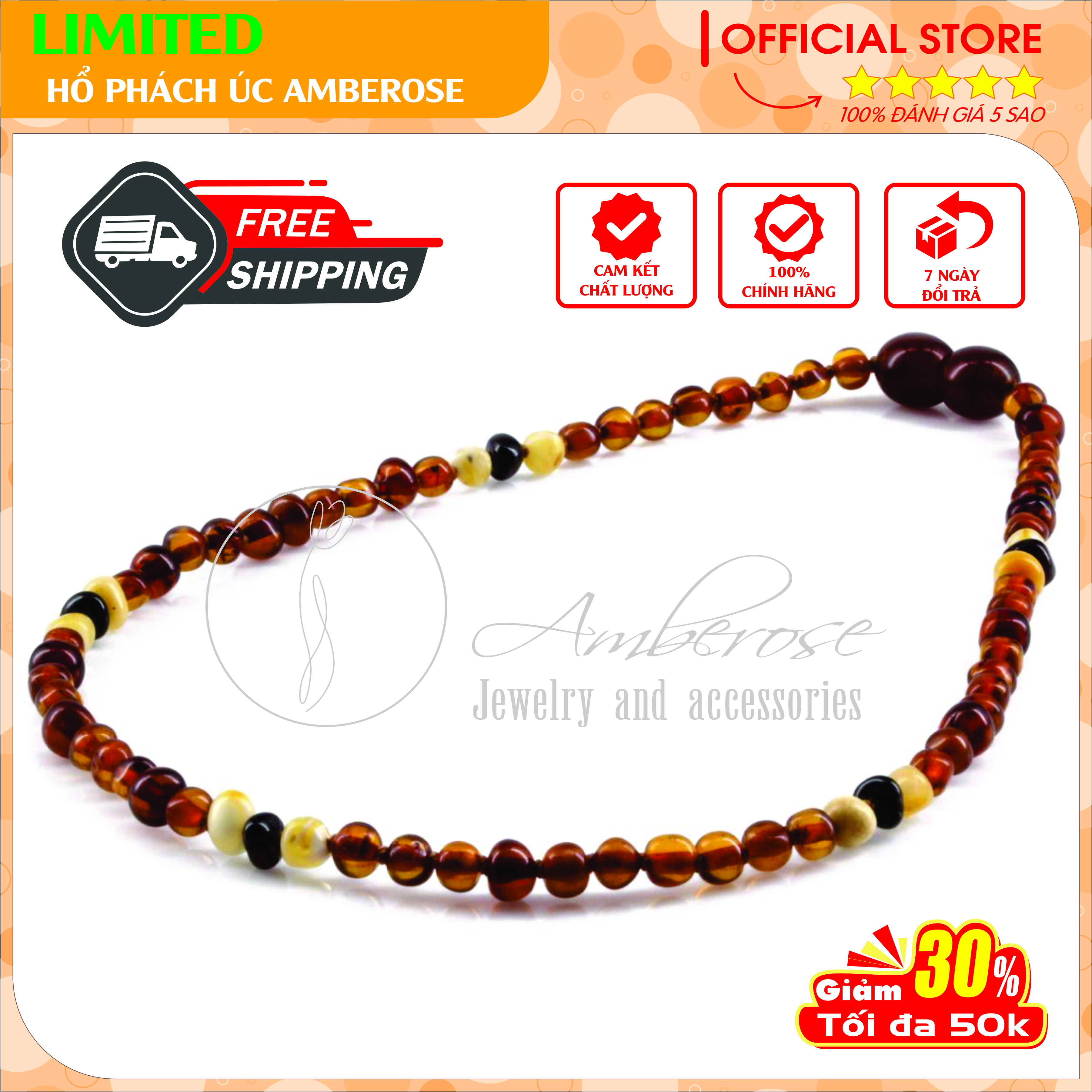 Vòng Cổ Hổ Phách Amber Úc Cho Bé 0 - 10 tuổi VCABLMT8
