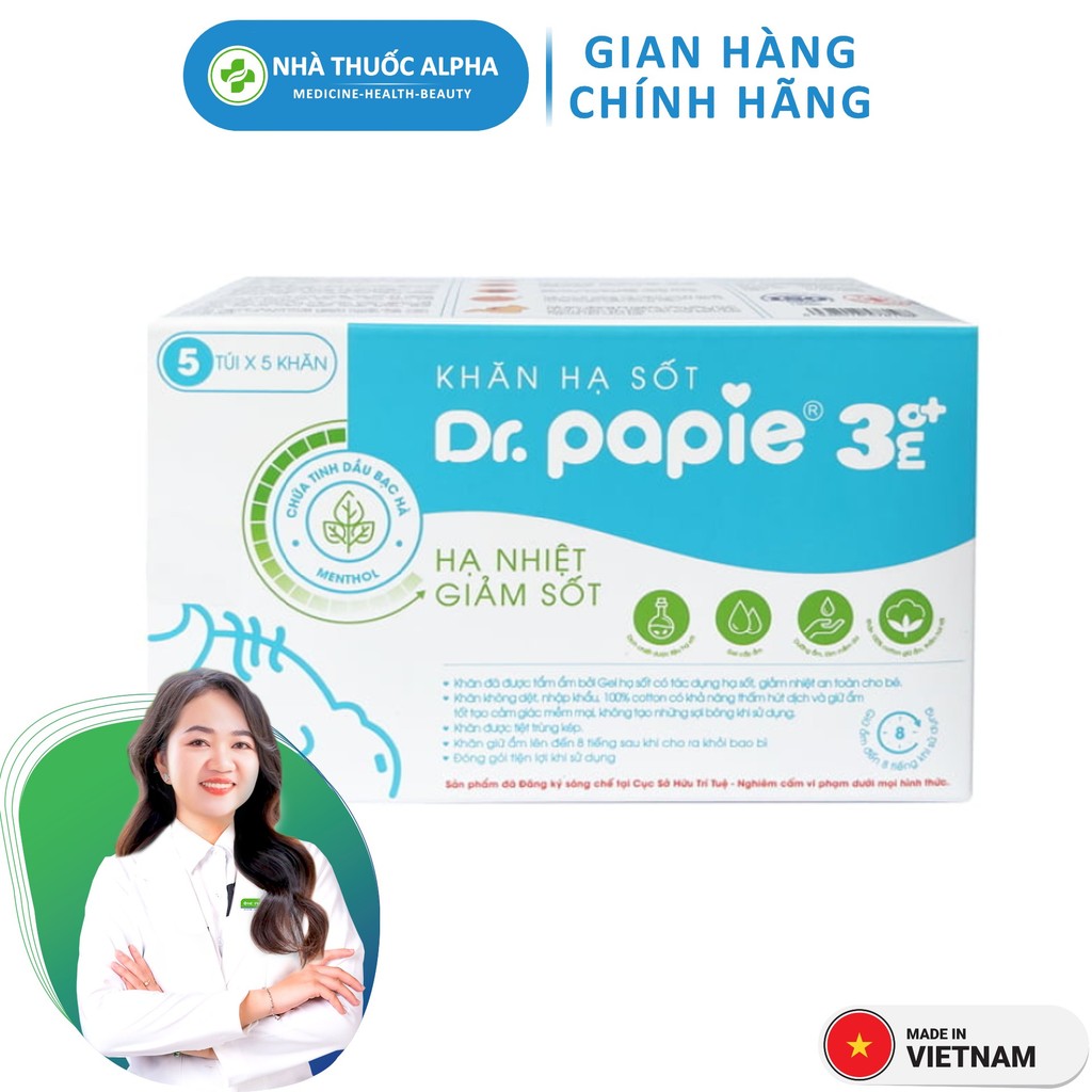 Khăn hạ sốt cho bé sơ sinh Dr.Papie Việt Nam 3+ (25 khăn/hộp)