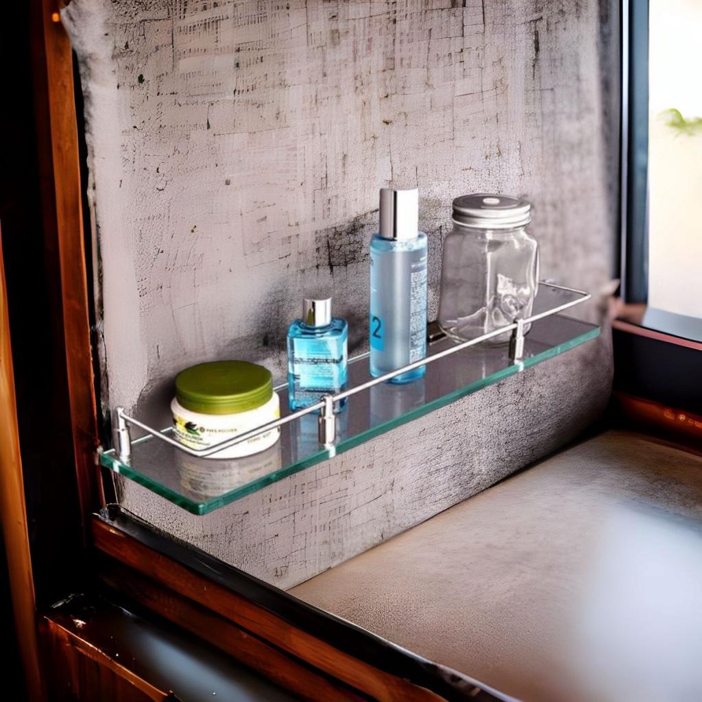 Kệ kính nhà tắm 10ly để dầu gội, mỹ phẩm thanh chắn kim loại inox 304 không rỉ sét đi kèm bao gồm ốc-vít, tắc-kê, bát