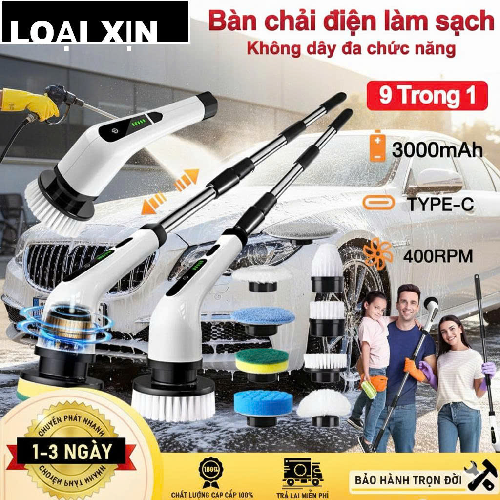 Chổi Cọ Điện MX 9in1 Loại Xịn – Rửa Sạch Ô Tô, Cửa Kính, Nhà Bếp, Nhà Tắm, Kèm Đủ Phụ Kiện