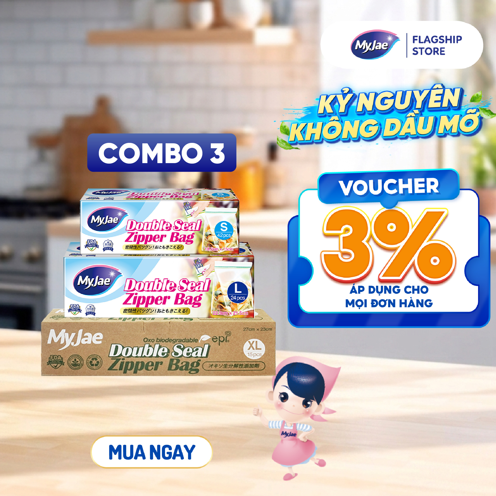 Túi Zip PE Trong Suốt 2 Đường Kéo MyJae, Túi Bọc Đồ Ăn, Rau Củ Bảo Quản Trong Tủ Lạnh – Combo 3 SLXL