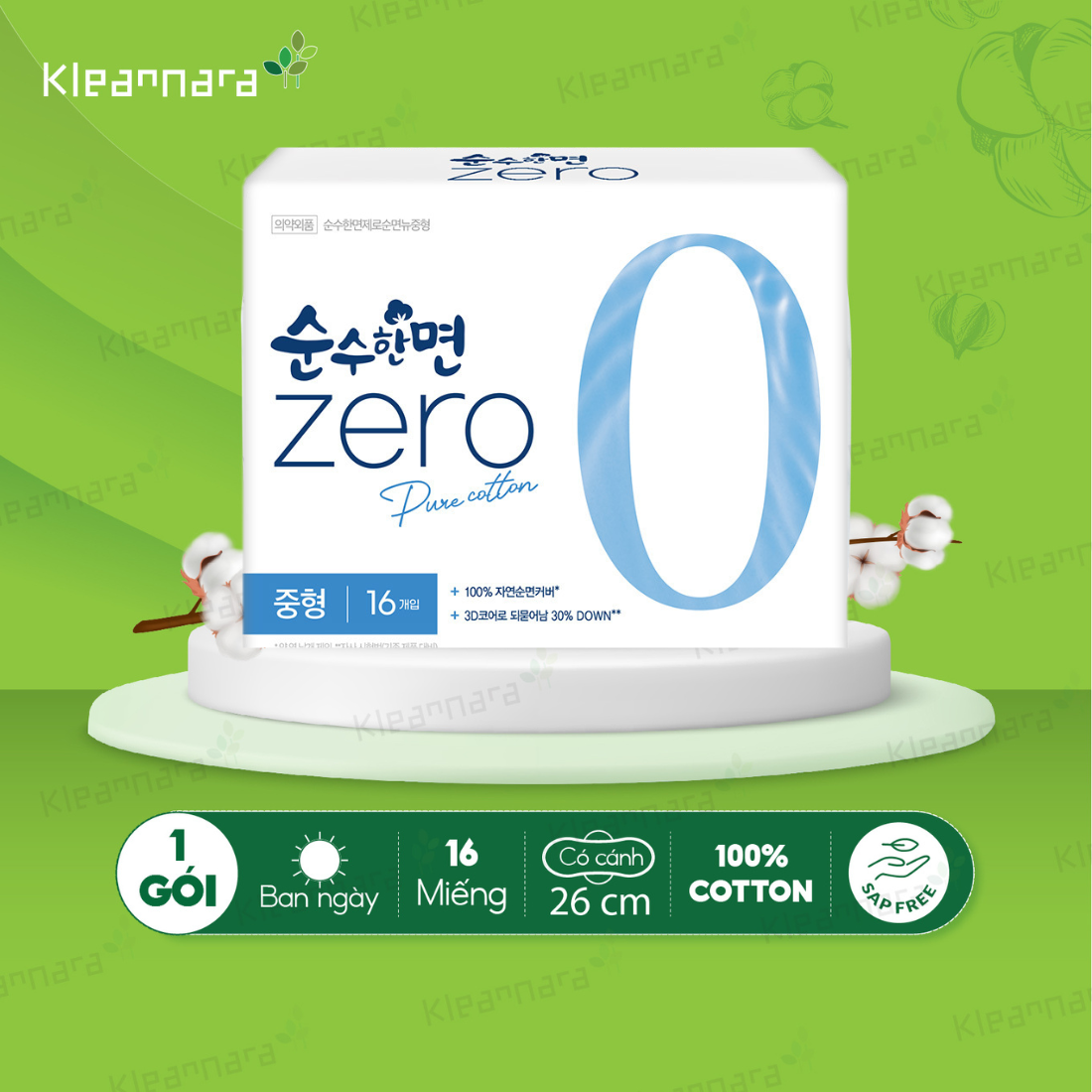 Băng vệ sinh KleanNara Soonsoohanmyeon Zero siêu êm thoáng (Size M: 26 cm, 16 miếng/gói)