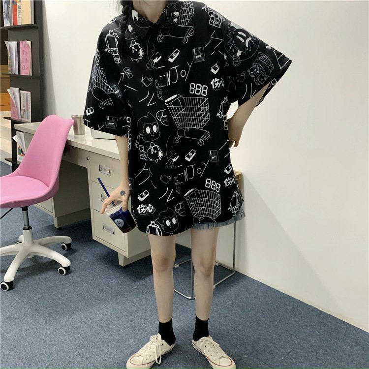 Áo Sơ Mi Ngắn Tay Form Rộng In Họa Tiết Cute Ngộ Nghĩnh Thời Trang Dành Cho Nữ