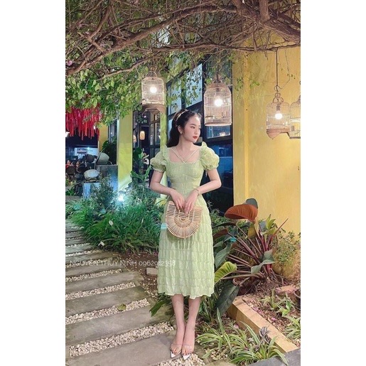Đầm maxi cổ vuông vai bèo dây cột nơ chéo ngực tiểu thư nhiều màu