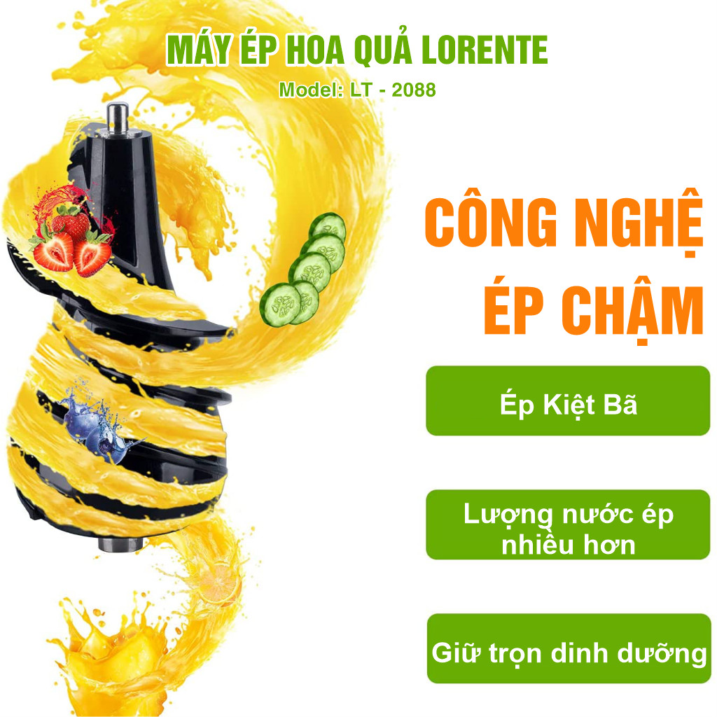 Máy Ép Chậm Lorente-Máy Ép Hoa Quả Lorente LT-2088, công suất 300W, ép nguyên chất kiệt nước-Hàng Chính Hãng