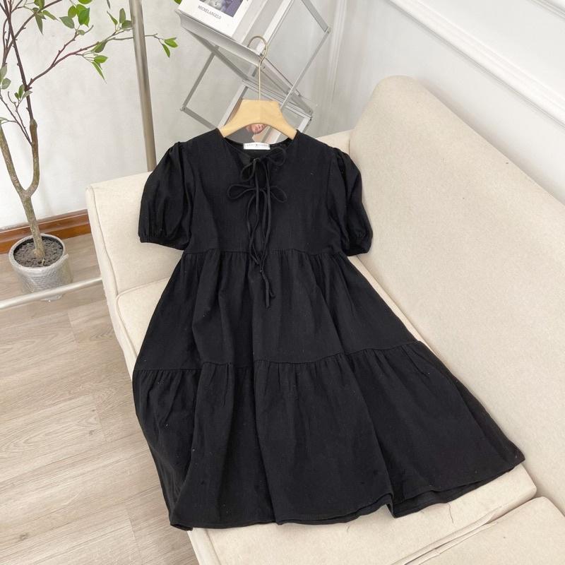 Đầm Babydoll Nữ Buộc Nơ Cộc Tay Dáng Ngắn Váy Đũi Lụa Nữ Dây Nơ Dáng Suông 3 Màu