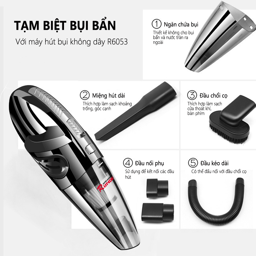 Máy hút bụi cầm tay không dây Rundong R-6053 cao cấp | 120W lực hút cực khỏe, thiết kế đẹp mắt, sang trọng, nhỏ gọn dùng cho nội thất xe ô tô và gia đình - HÀNG CHÍNH HÃNG