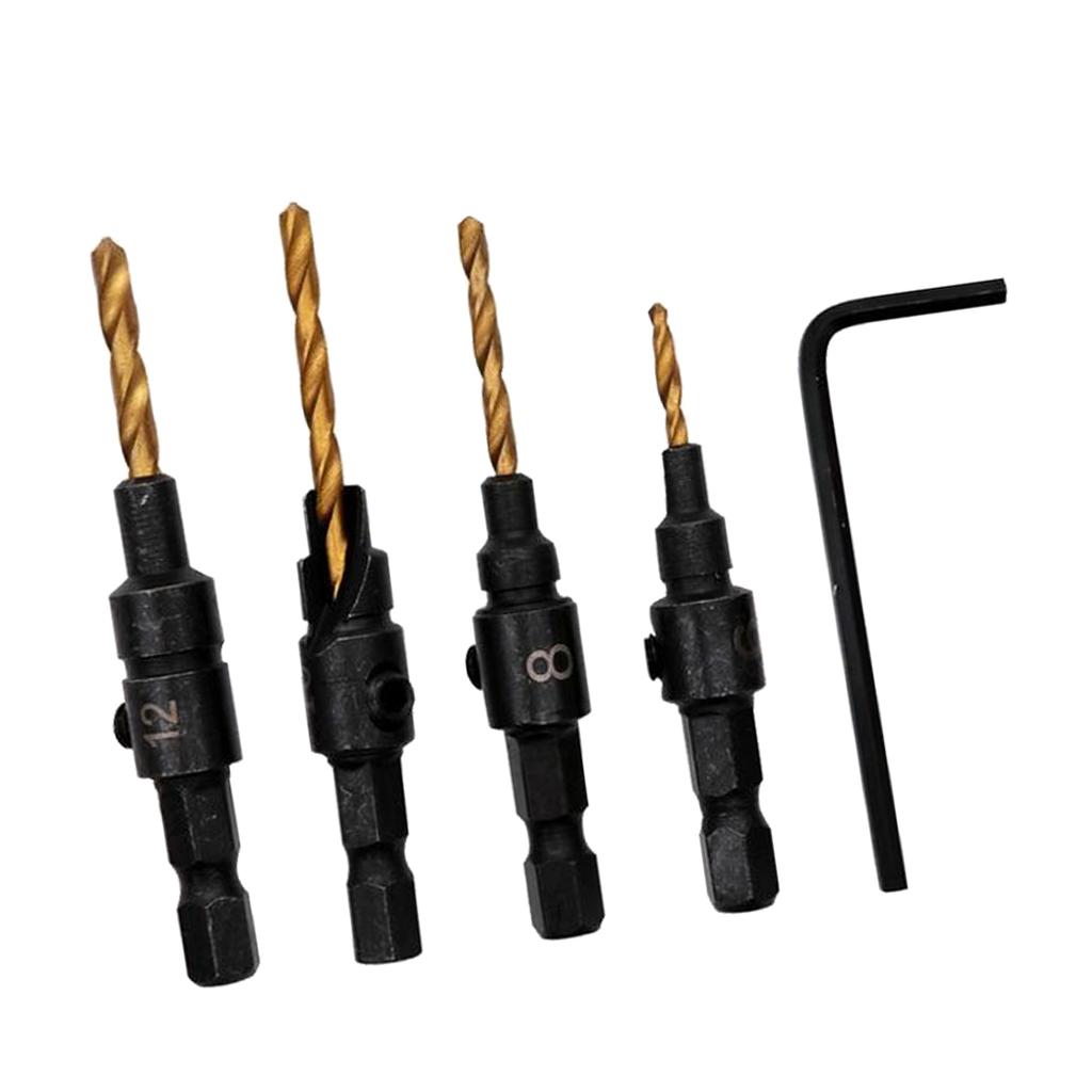 4x HSS Titanium Coated Countersink Drill Bit Set Quick Change Hex Shank Screw #6#8#10#12