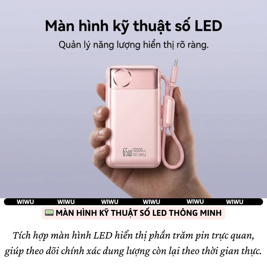 Pin sạc dự phòng PD 3.0 65W tích hợp dây sạc Type-C 12000Mah WIWU PowerPlus Sạc Nhanh cho iPhone Laptop MacBook Android - Màn hình hiển thị pin kỹ thuật số, Hệ thống bảo vệ đa tầng an toàn - hàng nhập khẩu