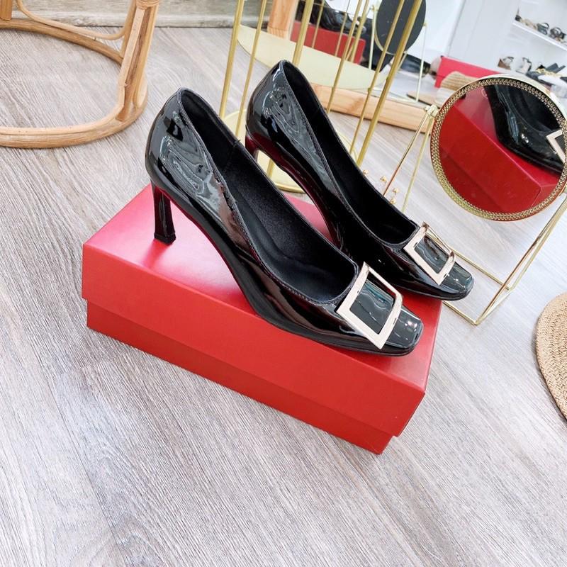 giày cao gót da bóng khoá vuông gót cách điệu thời trang sang trọng fullbox hàng qc 3105