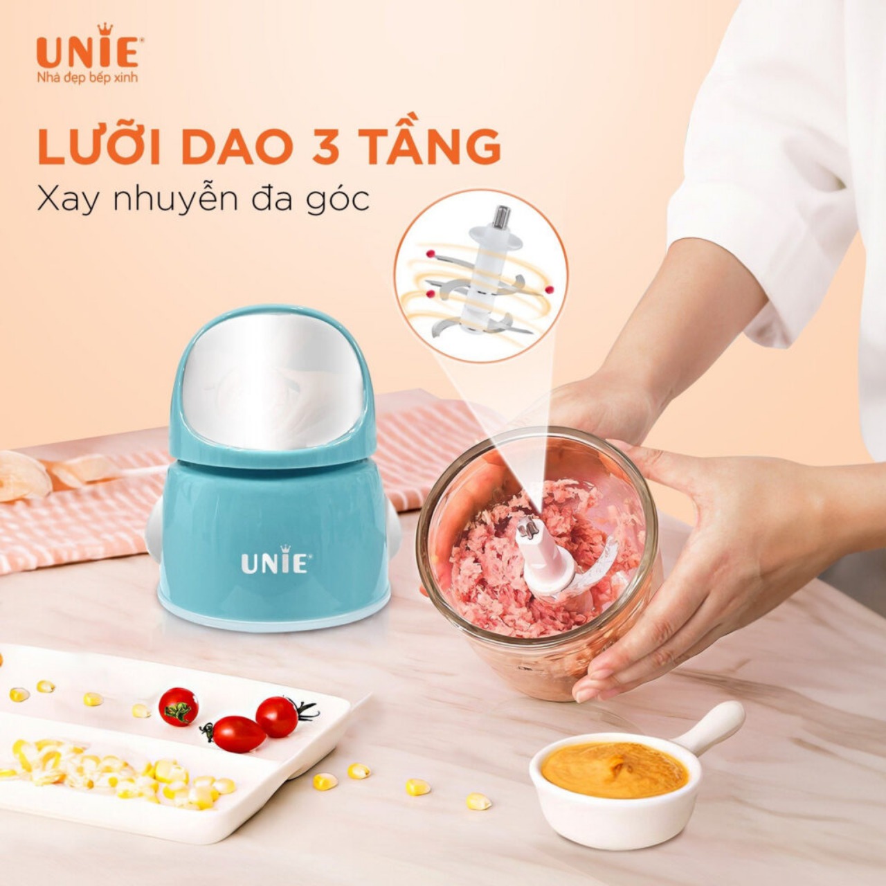 Máy Xay Mini Unie UMB02, Lưỡi Dao 6 Cánh, Cối Thủy Tinh Cao Cấp, Hàng Chính Hãng