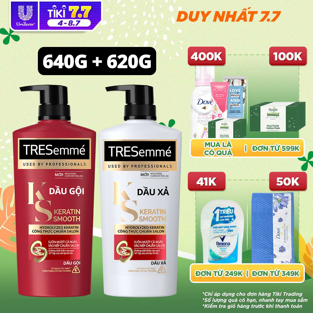 Combo Dầu Gội, Dầu Xả TRESEMME Keratin Smooth Dưỡng tóc khô xơ rối Công thức chuẩn salon Hydrolyzed Keratin trong Dầu Gội và dầu Xả dưỡng Tóc Vào Nếp Suôn Mượt 640g, 620g