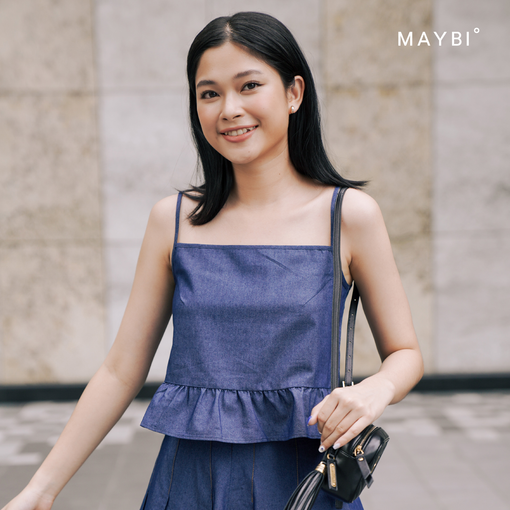 MAYBI - Áo 2 dây phối bèo Denim Xanh Đậm Frilled Hem Dark Denim Camisole