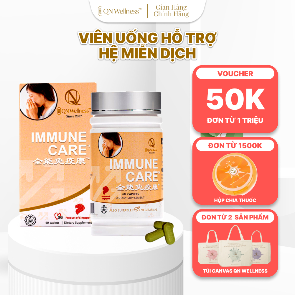 Viên Uống Bổ Sung Vitamin C Immune Care QN Wellness Tăng Cường Hệ Hô Hấp, Hỗ Trợ Khả Năng Miễn Dịch & Sức Khỏe Cơ Thể - Hộp 60 Viên