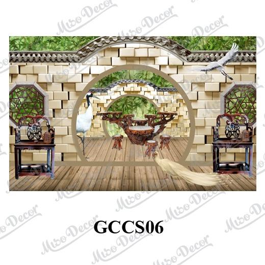 Tranh dán tường 3D cửa sổ giả cổ in decal PP