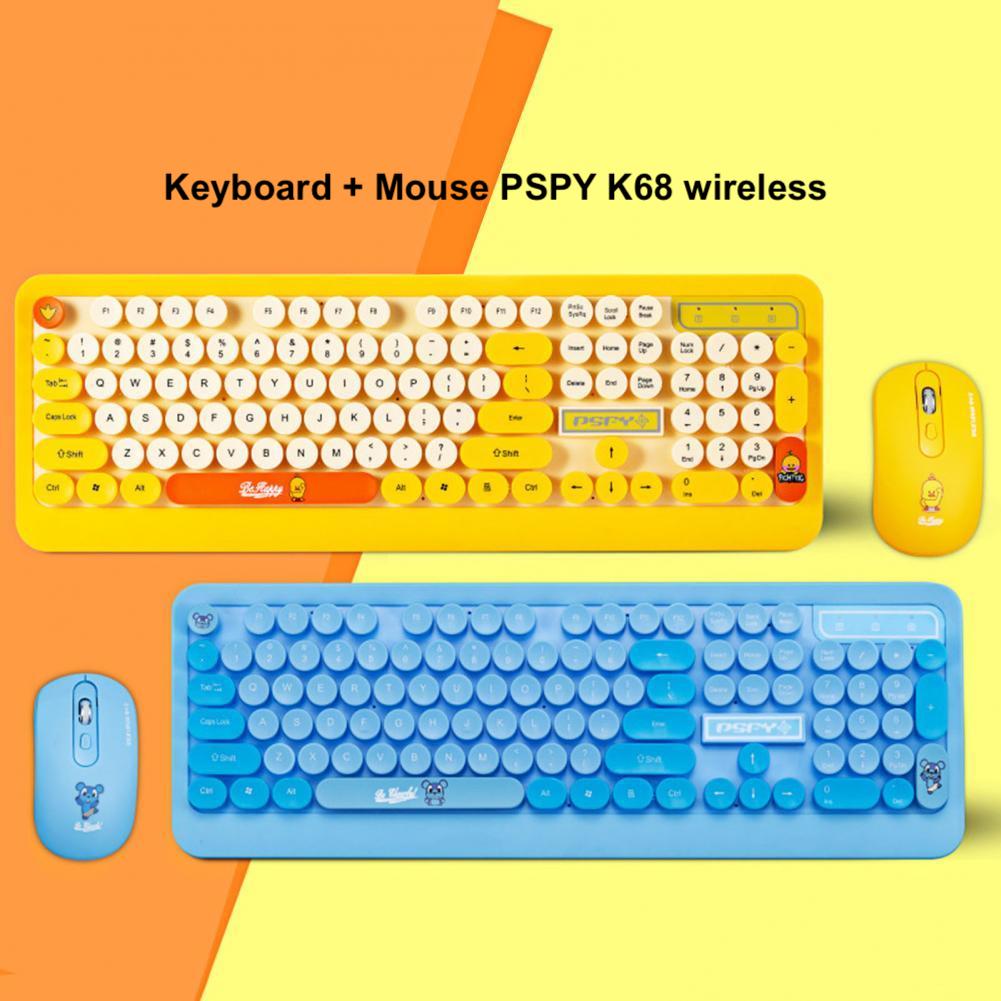 Combo Phím + Chuột PSPY K68 Cute không dây màu Vàng, Xanh, Đen, Keyboard Bluetooth văn phòng đẹp, chơi game chất lượng cao