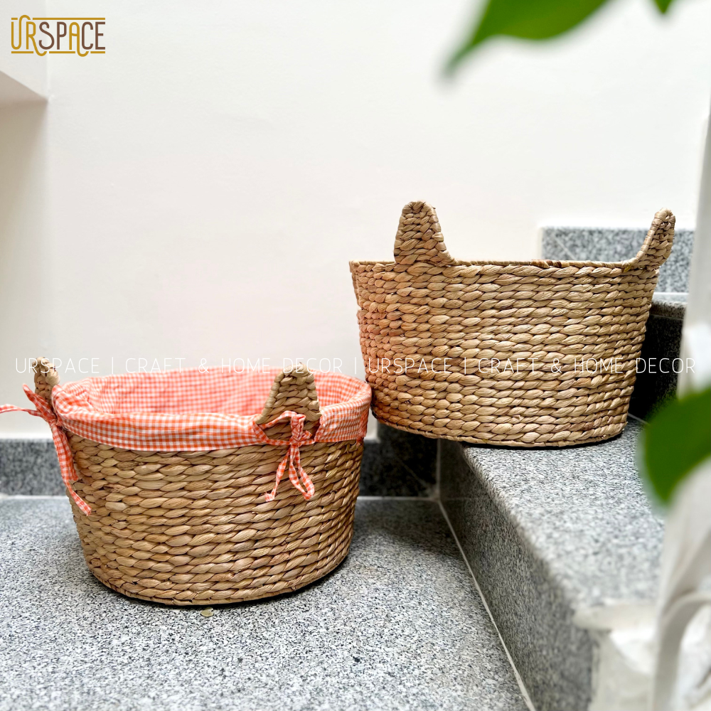 Giỏ lục bình đựng quần áo URSPACE trang trí decor sắp xếp không gian hình tai mèo dễ thương/ ROUND HYACINTH STORAGE BASKET