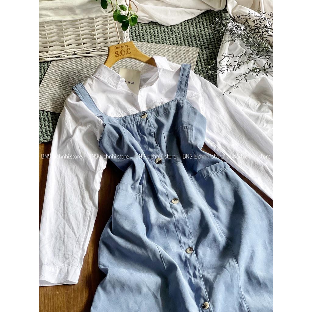 ĐẦM YẾM TIỂU THƯ CÀI NÚT TẶNG ÁO SƠ MI TAY DÀI - BUTTON FRONT OVERALL DRESS & SHIRT - BY BNS AKINA SET BNS007