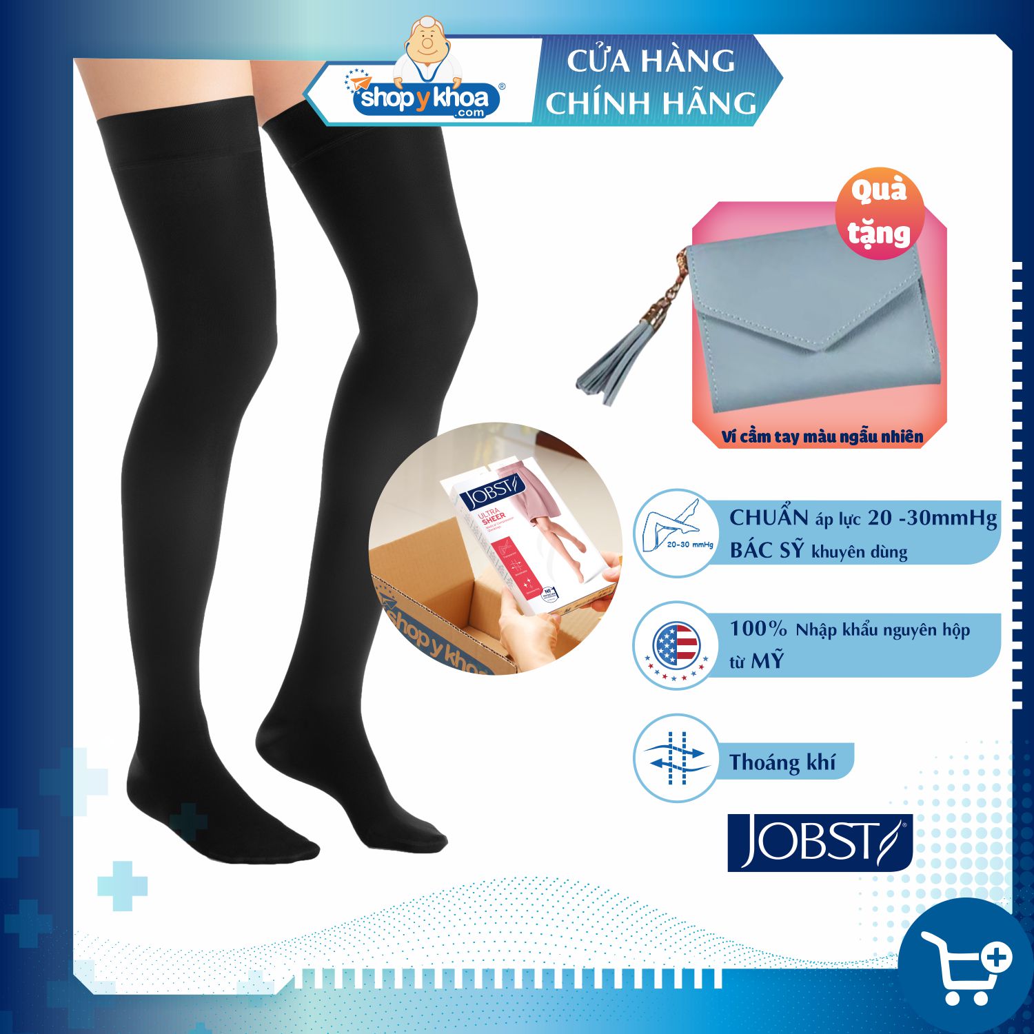 Vớ y khoa đùi silicone JOBST Ultrasheer Sensitive - Siêu mỏng, màu đen, kín ngón, 20-30mmHg, giãn tĩnh mạch chân