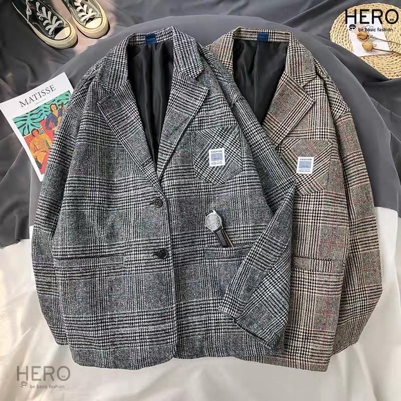 Áo Blazer Caro Form Rông Dài Tay BZ09, Áo Khoác Vest Blazer Học Sinh Hàn Quốc Nam Nữ Thời Trang HERO