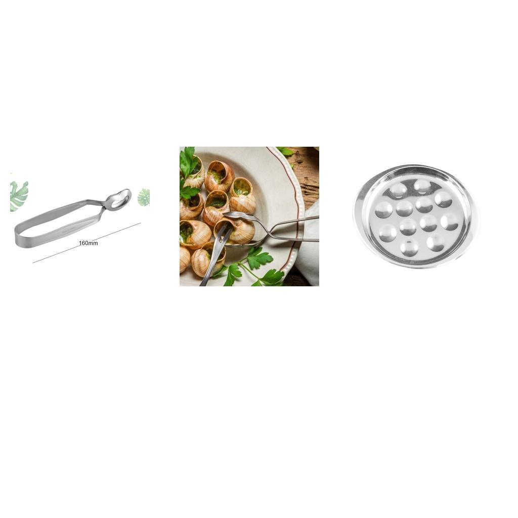 Stainless Steel Snail Escargot Plate Dishes 12 Compartment Holes Tong