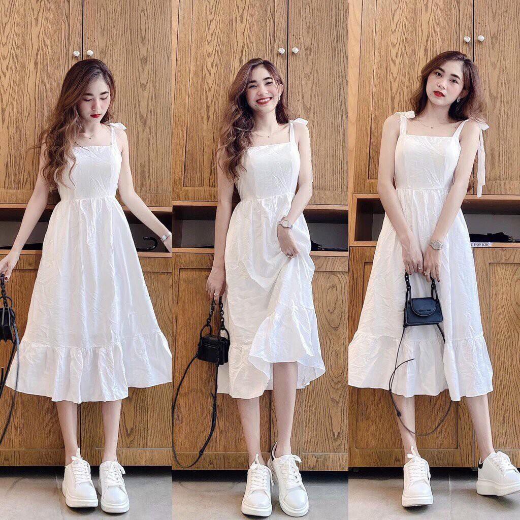 Váy đầm nữ trắng dễ thương 2 dây xòe xếp li, dự tiệc cưới, dạo phố cực chất