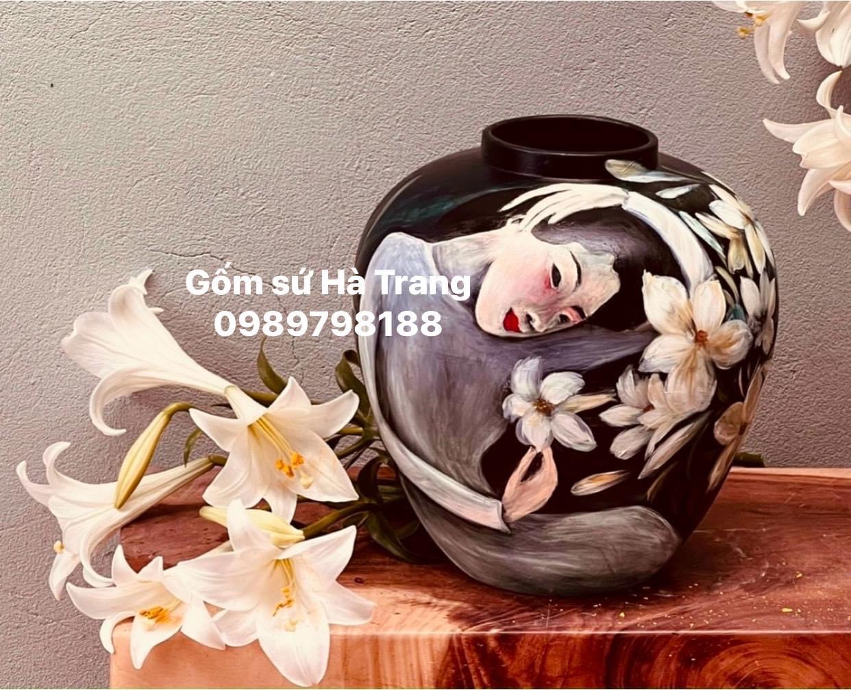Lọ hoa gốm sứ Bát Tràng cao cấp vẽ 3D cao 30cm
