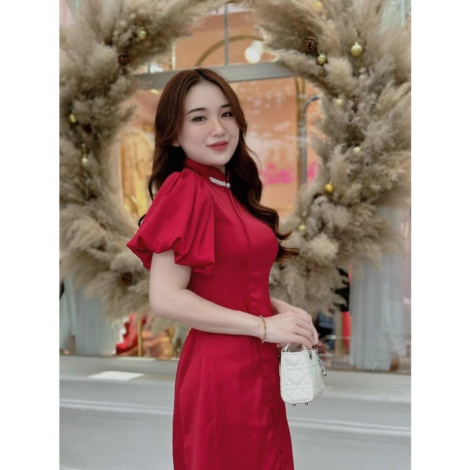 Đầm kiểu nữ tay phồng cổ tàu đính cườm kiểu dáng thanh lịch nữ tính GKM