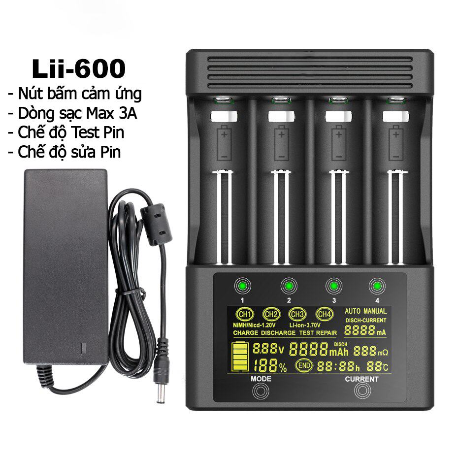 Bộ sạc và test pin đa năng Lii-600 Pin NiMH Lithium 18650 3.7V 18350 18500 21700 25500 26650 AA AAA