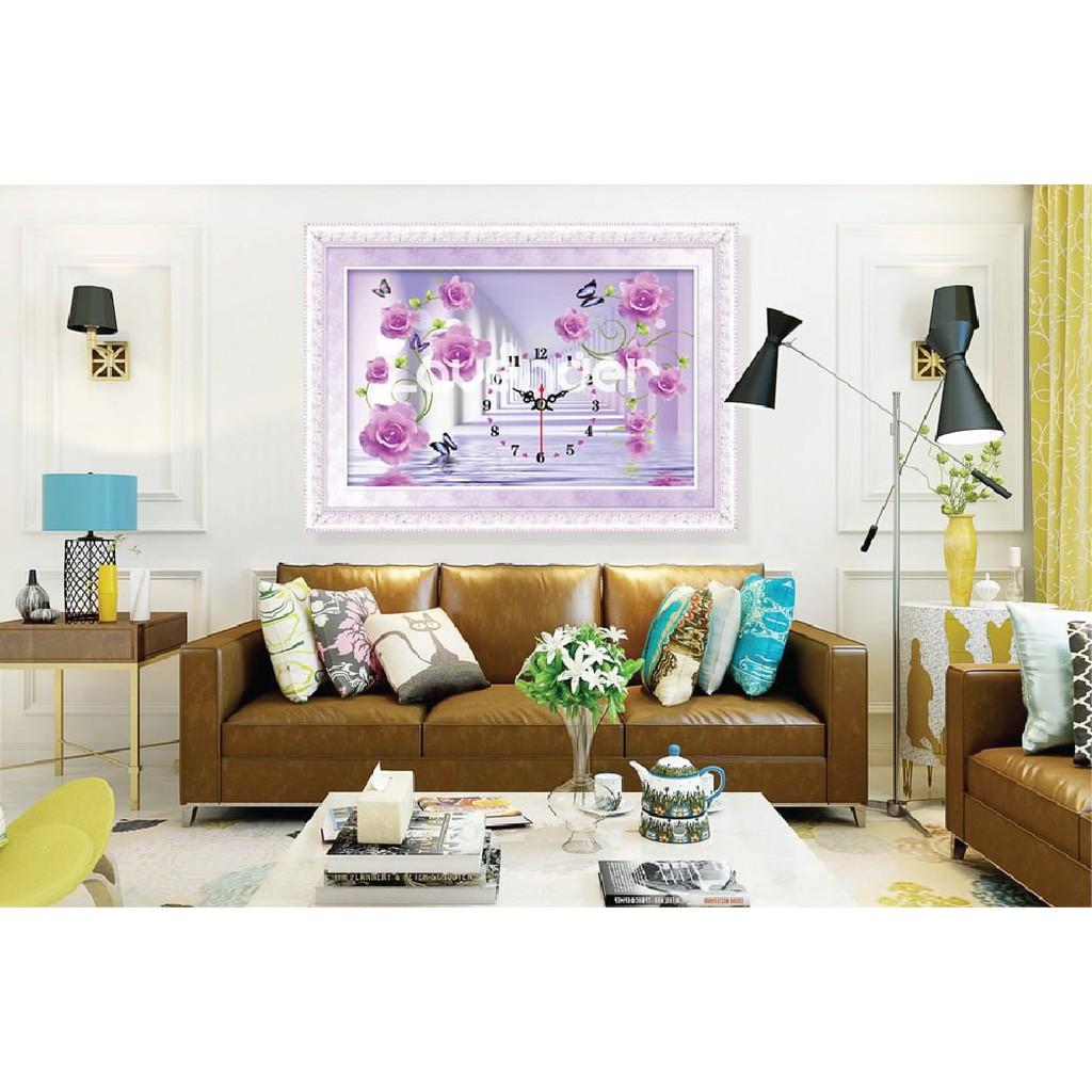 Tranh thêu đồng hồ hoa hồng tím LV3009 - kích thước: 67 * 43cm.