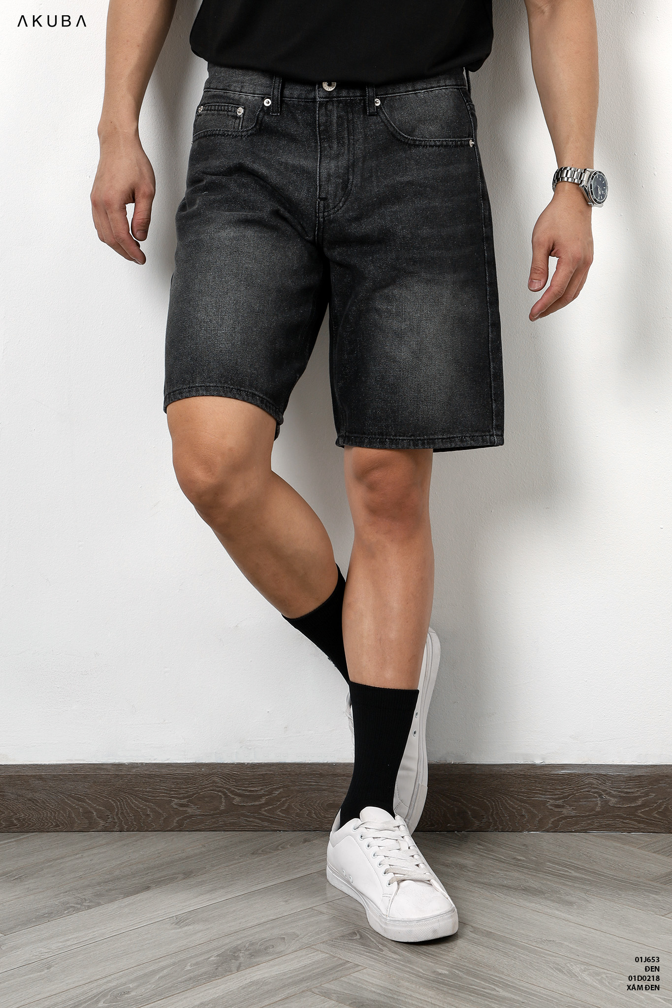 Quần Short Jean nam trơn co dãn Form slimfit AKUBA chất liệu Denim, độ dày vừa phải, phong cách Hàn Quốc | 01D0218