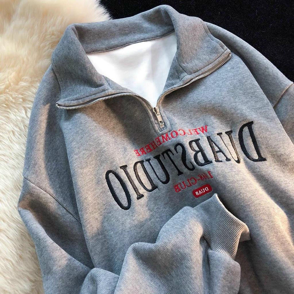 Áo sweater cổ bẻ khoá zip chất liệu bo tăm hoạ tiết thêu form rộng oversize nam nữ unisex
